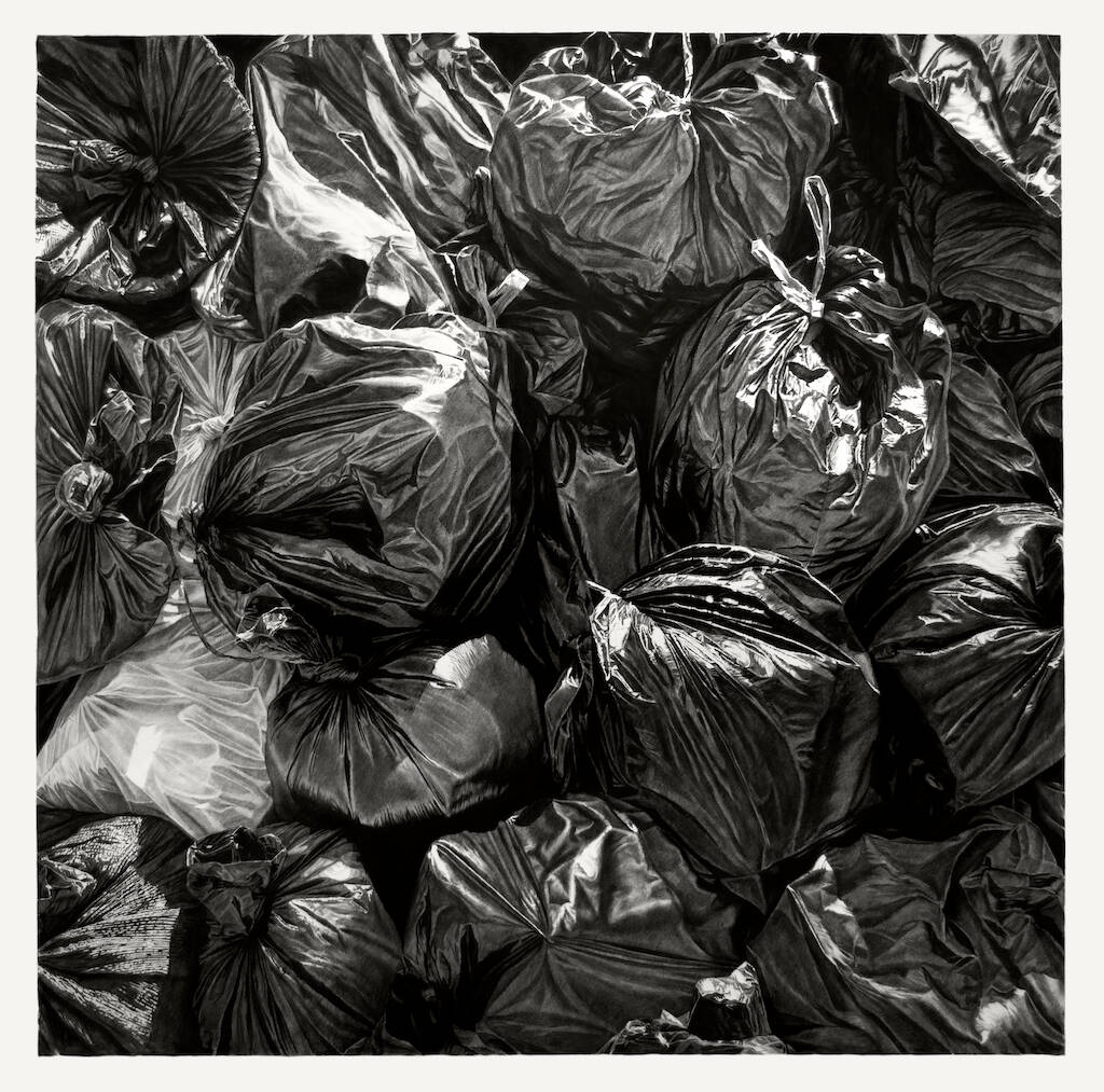 Realistic drawing of a pile of black trash bags.
